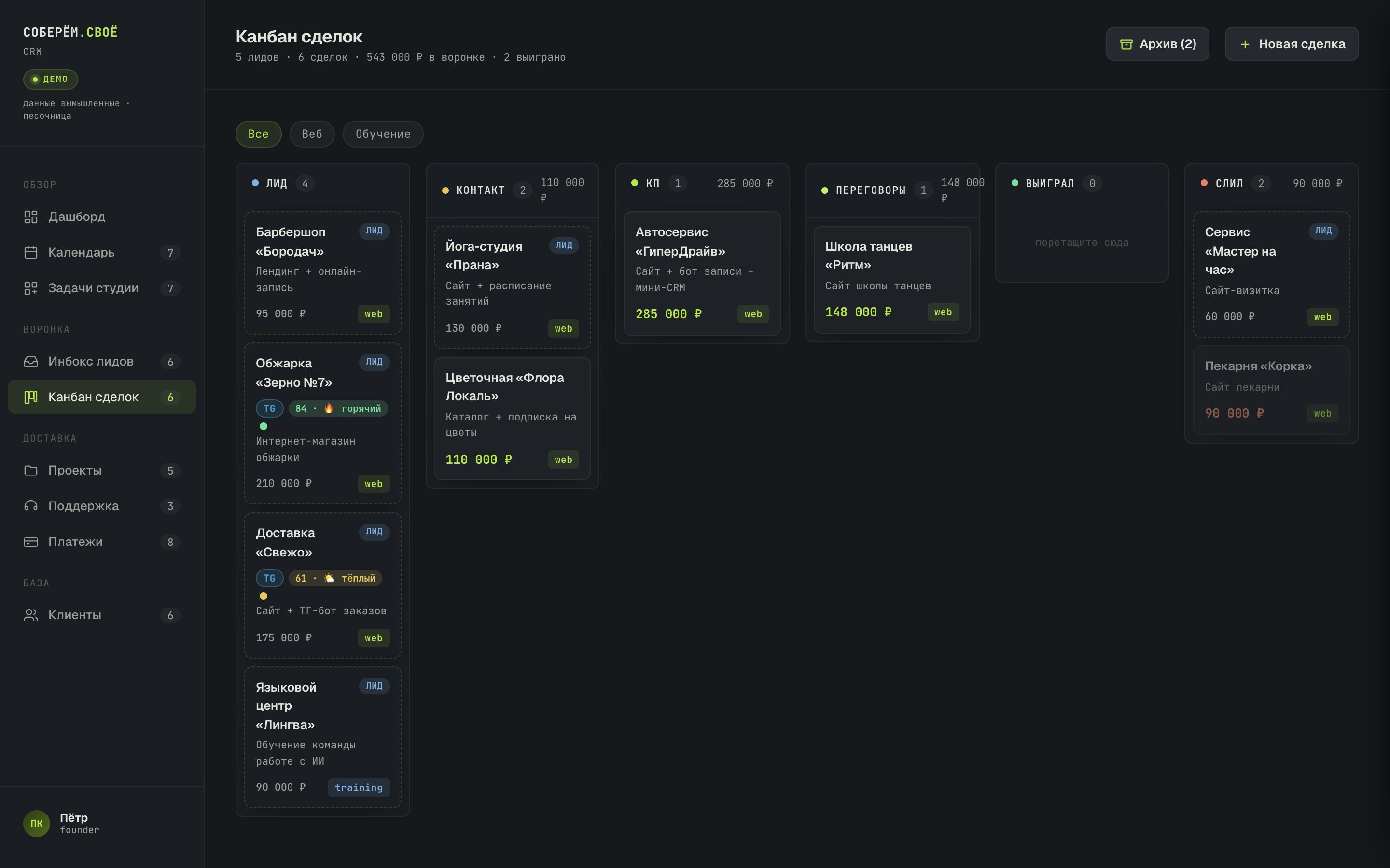 CRM — воронка сделок, канбан